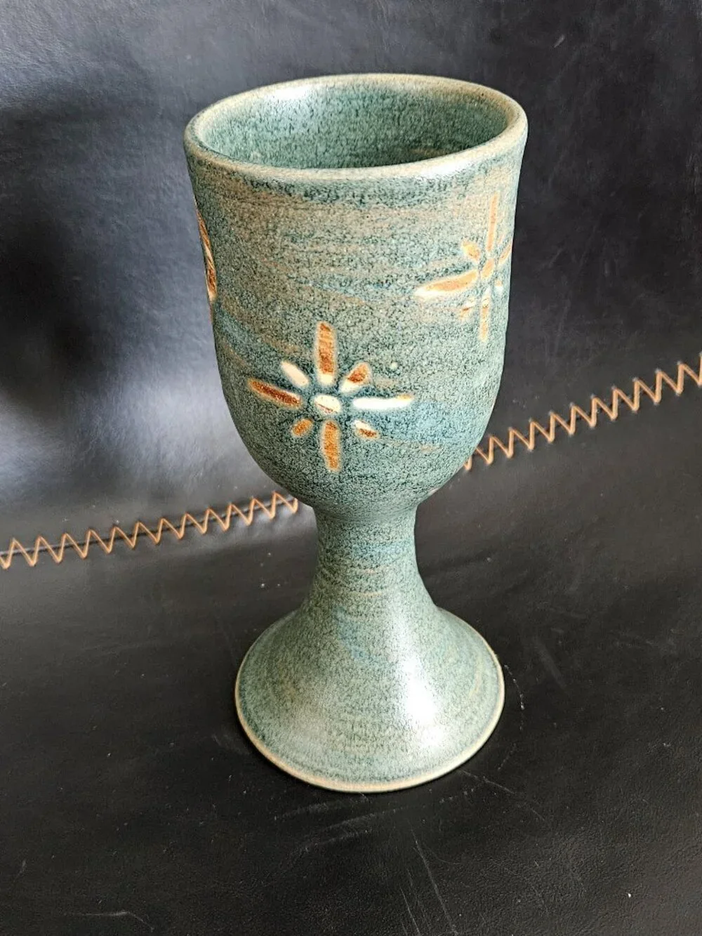 Vintage Kokopelli Studio Pottery Wine Goblet Signed Moki Blue Teal Glazed 2000